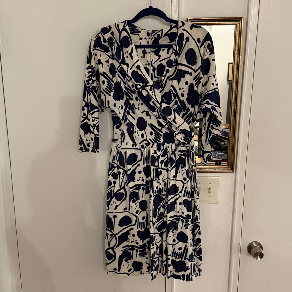 Vtg 70s‎ Matti of Lynne Navy and White Dress with surplice waist. 100% cotton!